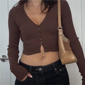 Pull&Bear Brown Button-Up Crop Top